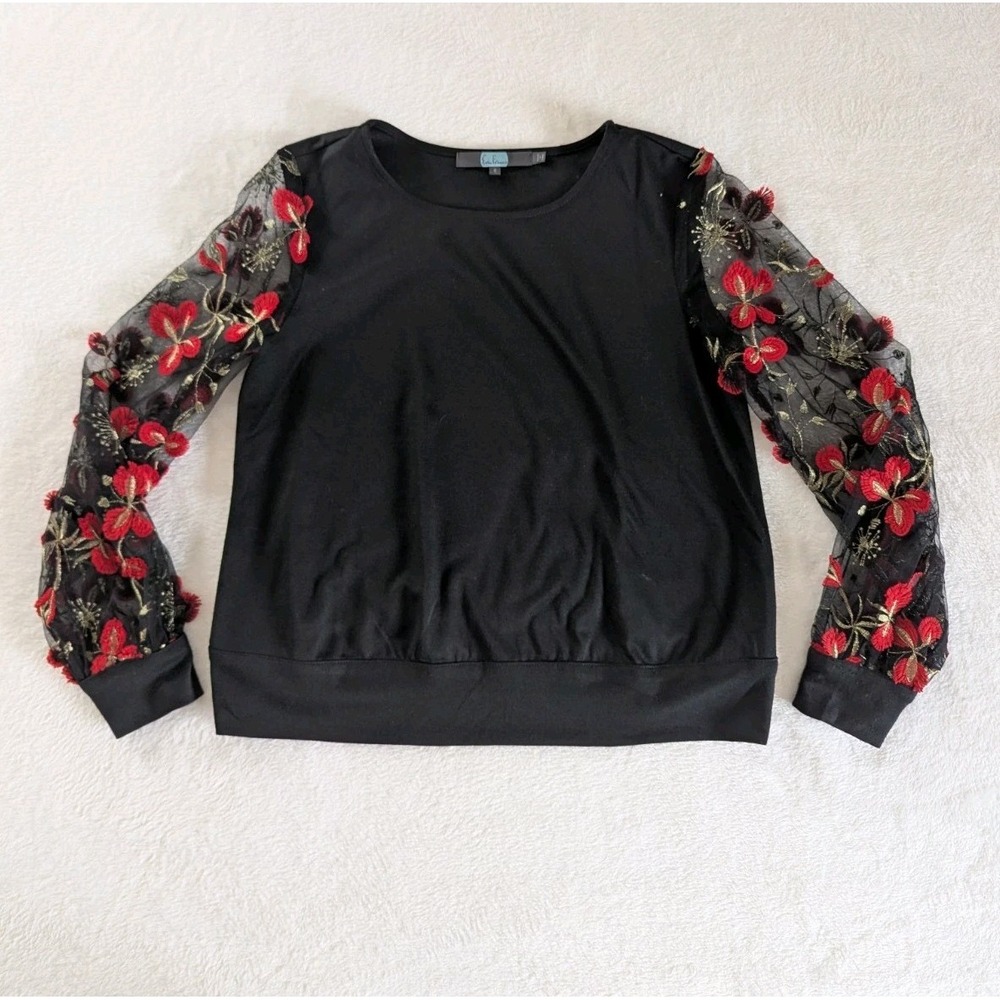 Eva Franco Top Black Floral Embroidered Mesh Sheer Balloon Sleeve Sm Whimsigoth